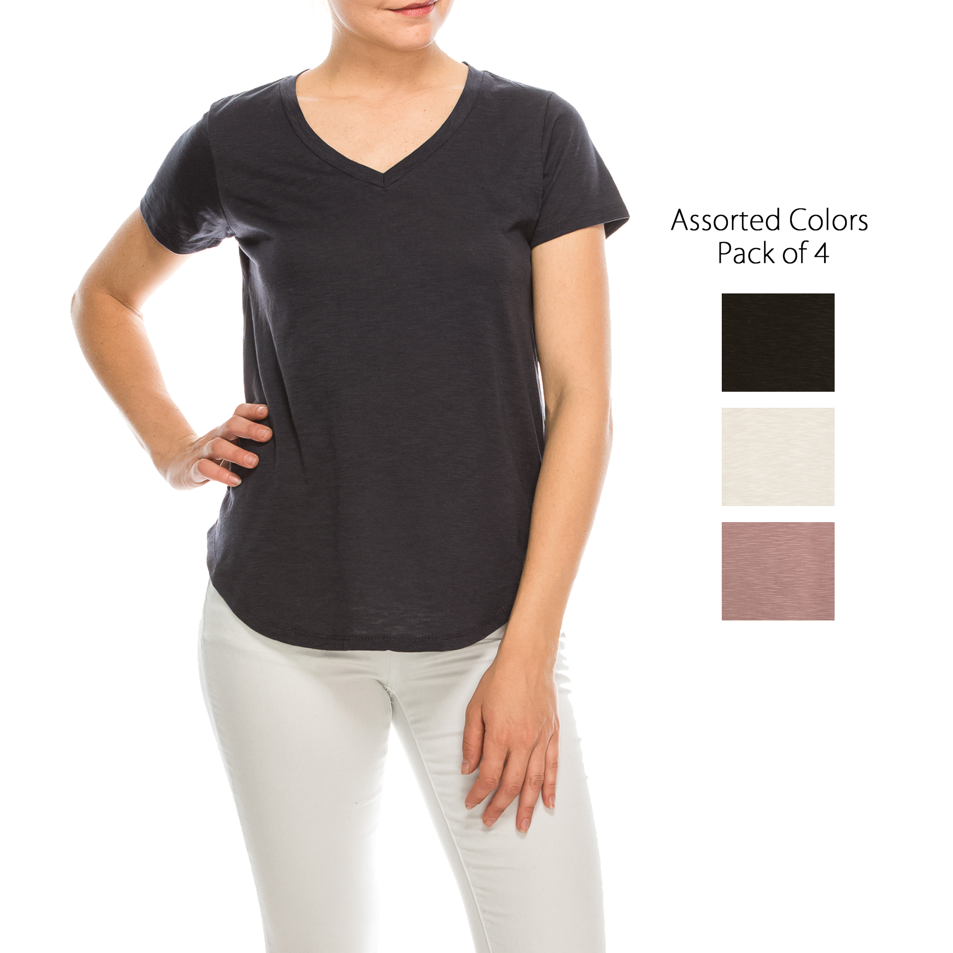 Urban Diction 4 Pack Women's V-neck T-Shirts, Mauve/Black/Navy