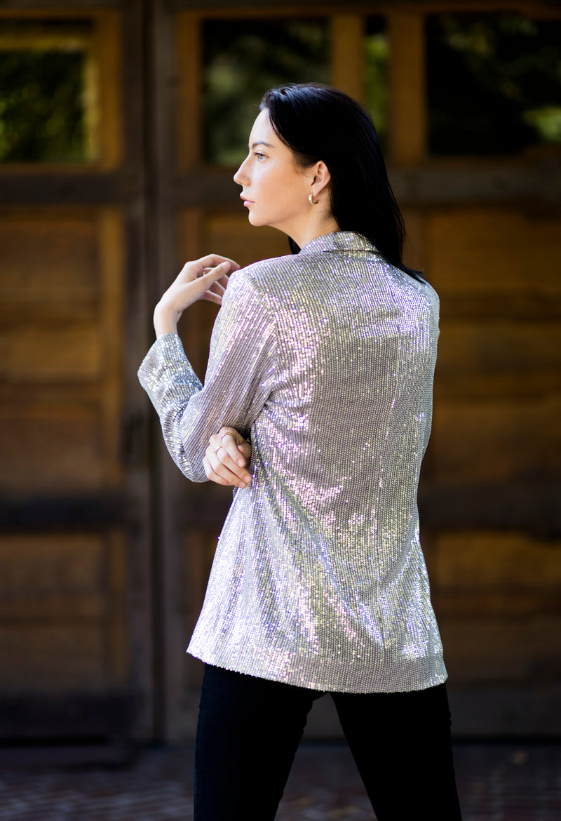 WAY194159 Sequin Blazer Jacket, Solid Color -Blue/Rose Gold/Red/Taupe/Burgundy/Black/Silver - W.A.Y