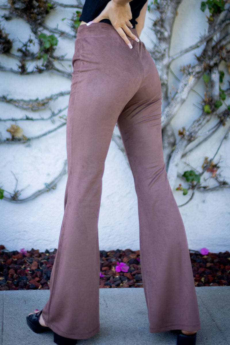 Women Solid Color Flared Suede Brown Pants, High Waist Bootcut Trousers - W.A.Y