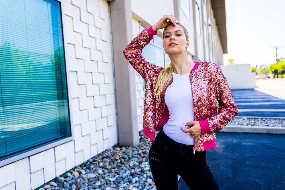 WAY194139 Sequin Bomber Jacket, Cherry Blossoms - W.A.Y