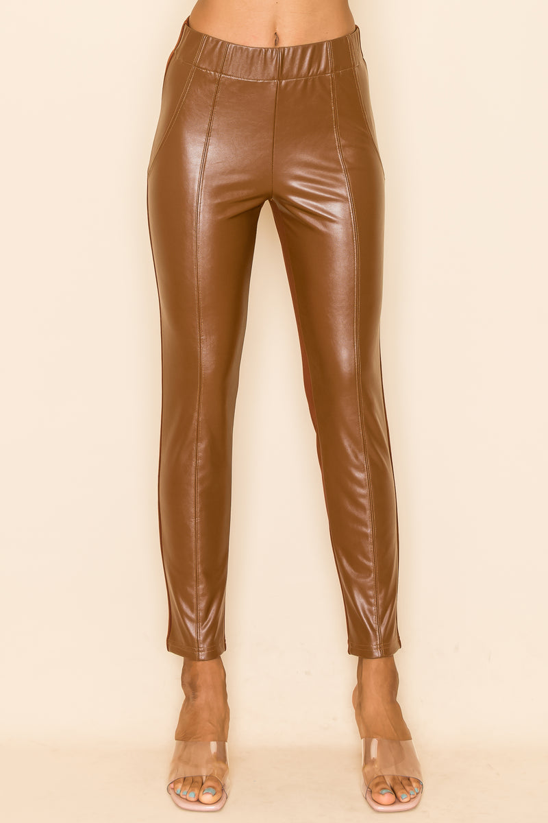 UD2234 PU Leather Bottom Pant, Solid - Brown/Wine/Black/Dr Brown/Olive - W.A.Y