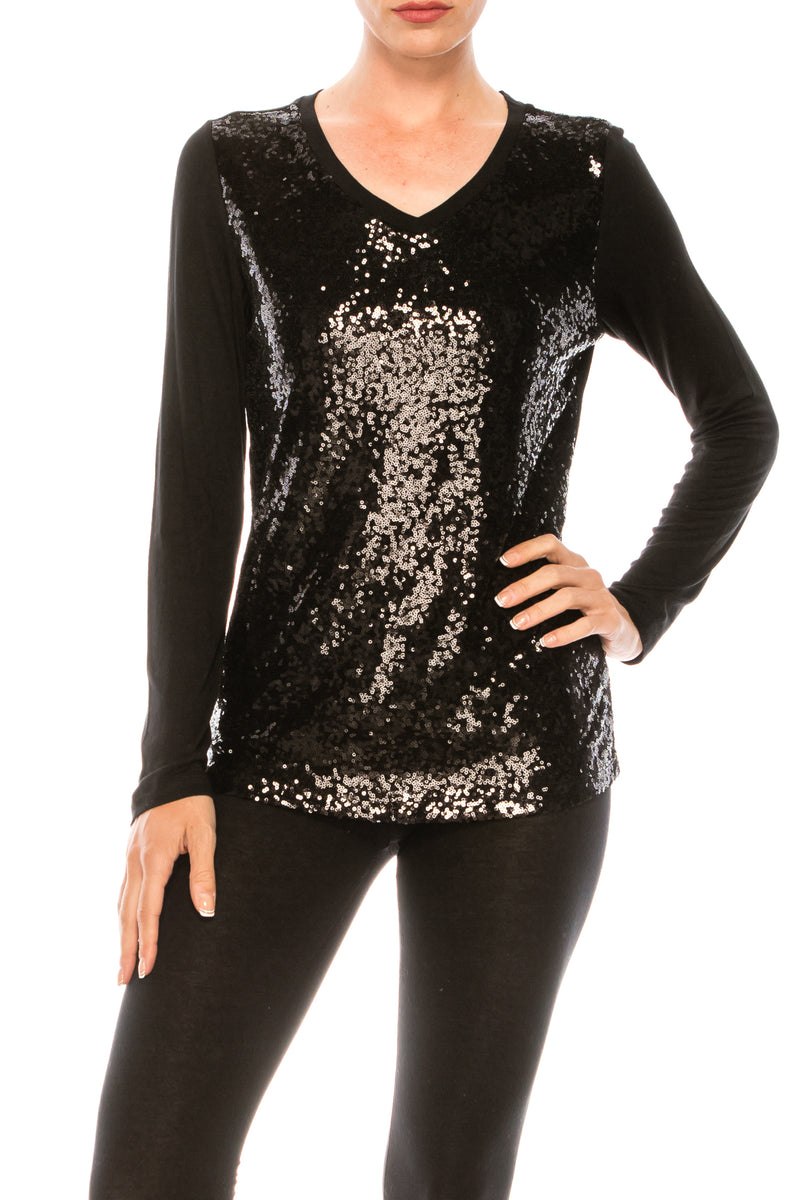 UD2078 Sequin Long Sleeve Tee, Solid Color - Taupe/Navy/Burgundy/Black/Mountain View/Royal Blue/Rose Gold - W.A.Y