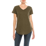 Urban Diction 4 Pack Women's V-Neck Stretch Short Sleeve T-Shirts (Stripes - Olive - Peach - Black) - W.A.Y