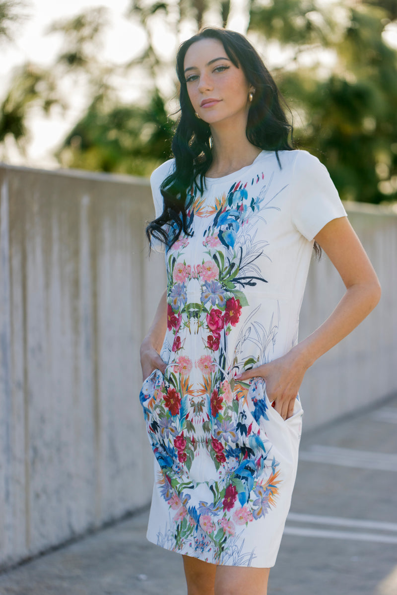 Short-Sleeve Suede Dress Floral Print - W.A.Y