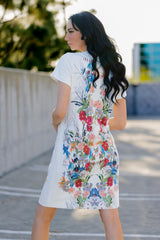 Short-Sleeve Suede Dress Floral Print - W.A.Y