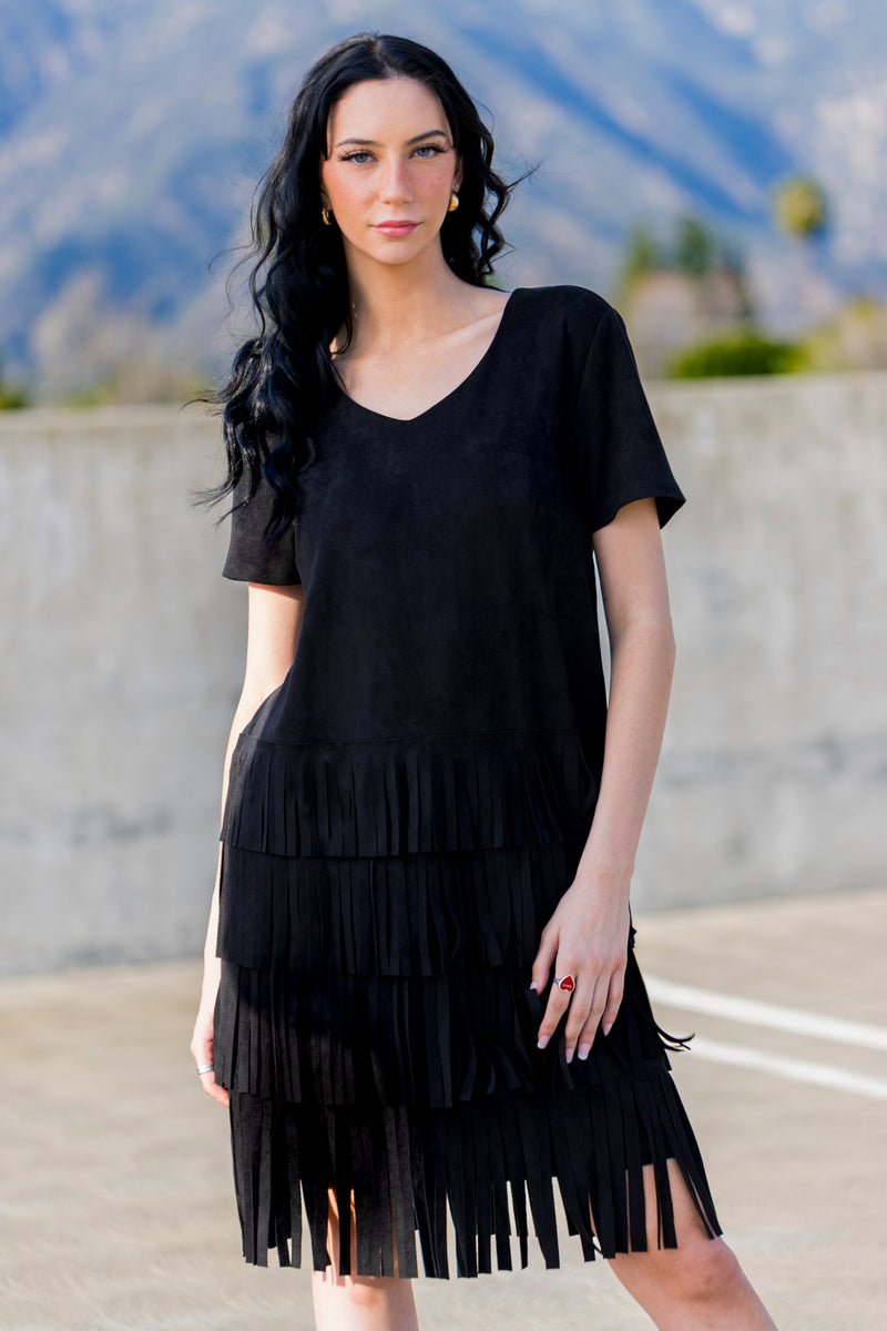 Short-Sleeve Suede Fringed Dress Solid Color - W.A.Y