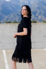 Short-Sleeve Suede Fringed Dress Solid Color - W.A.Y